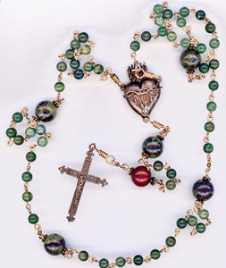 African Jade and Bloodstone Rosary in Bronze