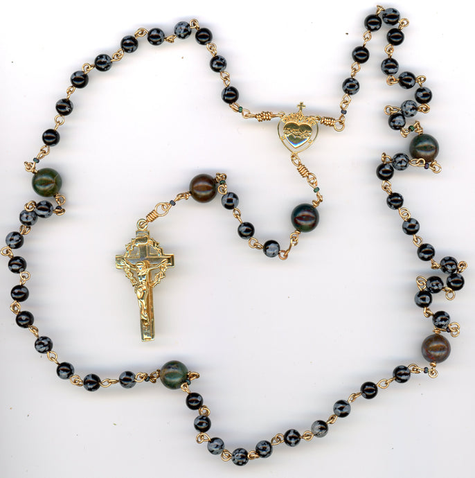 Snowflake Obsidian and Bloodstone all Bronze Rosary